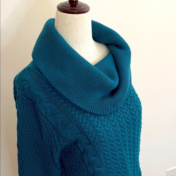 Vintage Classiques Entier 100% Wool Ribbed Cowl Neck Sweater Teal Green M - Picture 2 of 5
